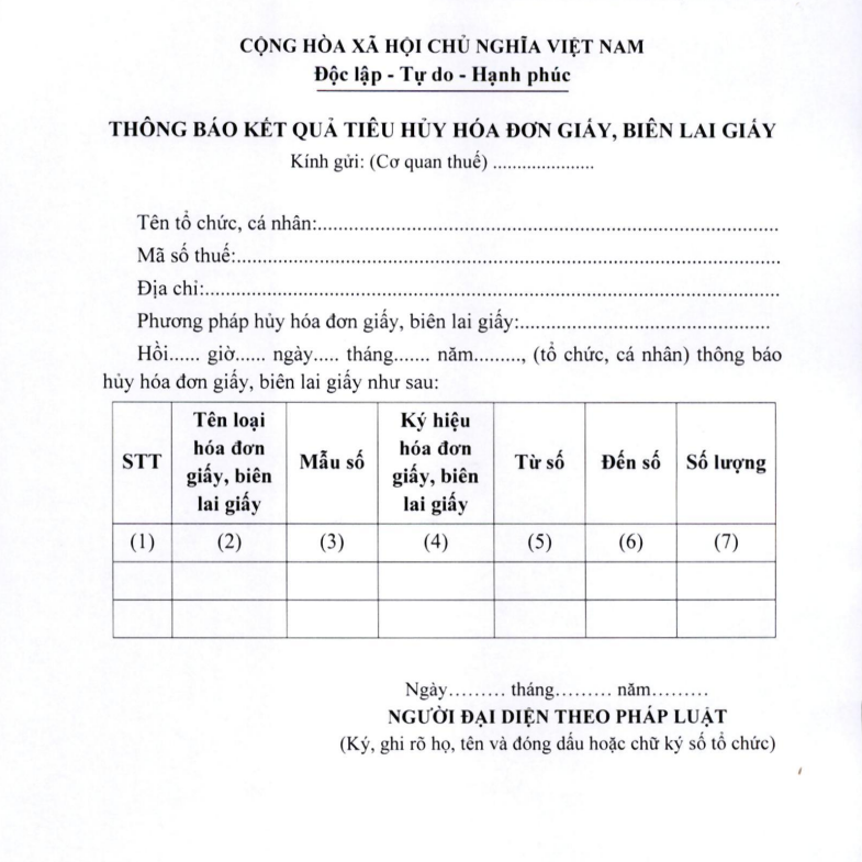 Mẫu thông báo kết quả tiêu hủy hóa đơn, biên lai giấy 