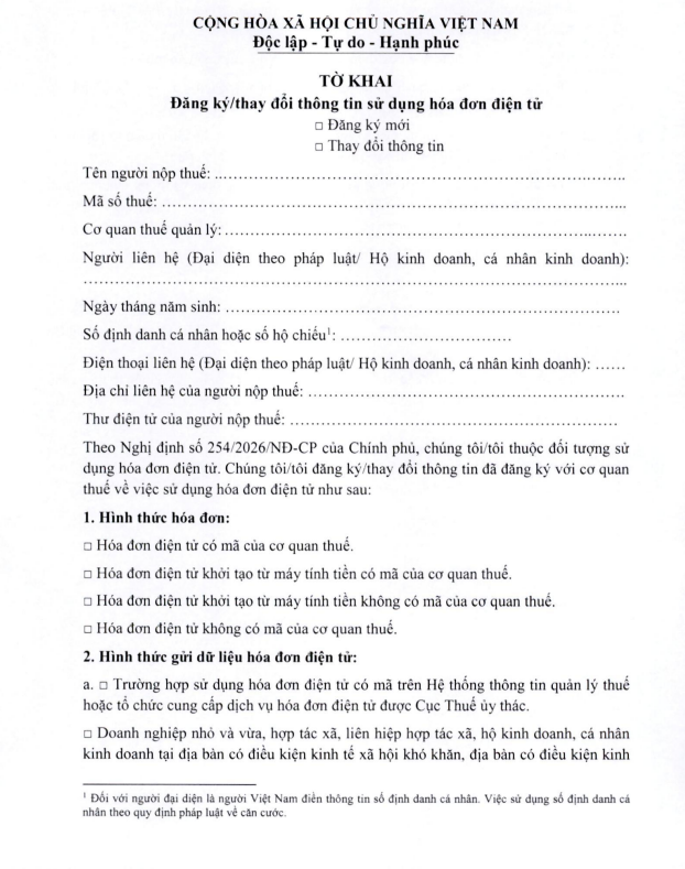 Mẫu đăng ký/thay đổi thông tin sử dụng hóa đơn điện tử.