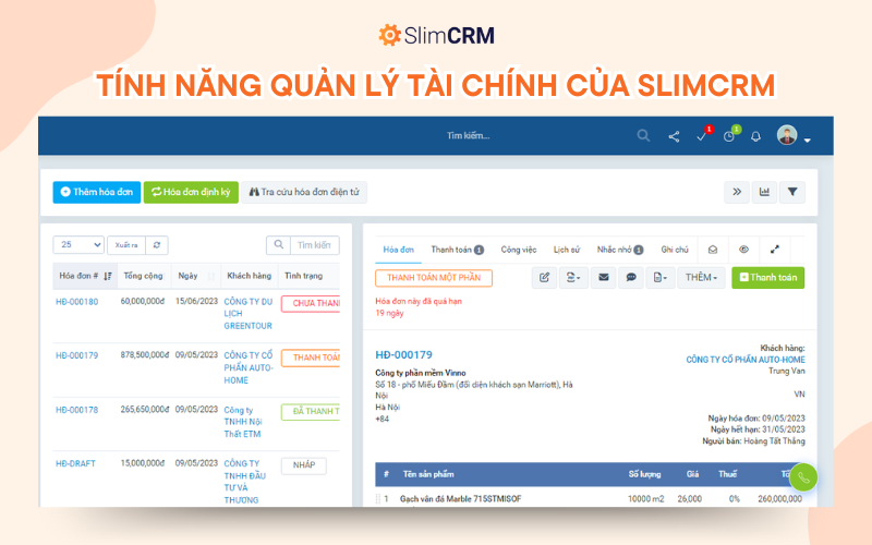 Tính năng quản lý tài chính tích hợp trong phần mềm quản lý doanh nghiệp tổng thể SlimCRM