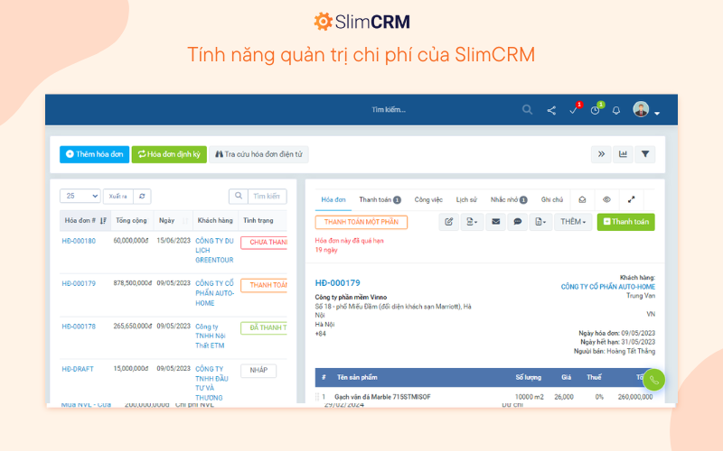 Tính năng quản trị chi phí của SlimCRM