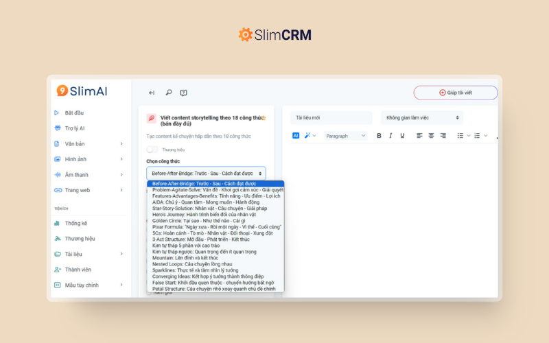 Viết storytelling theo 18 công thức bằng SlimAI