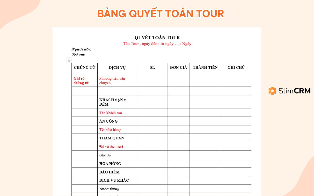bảng quyết toán tour