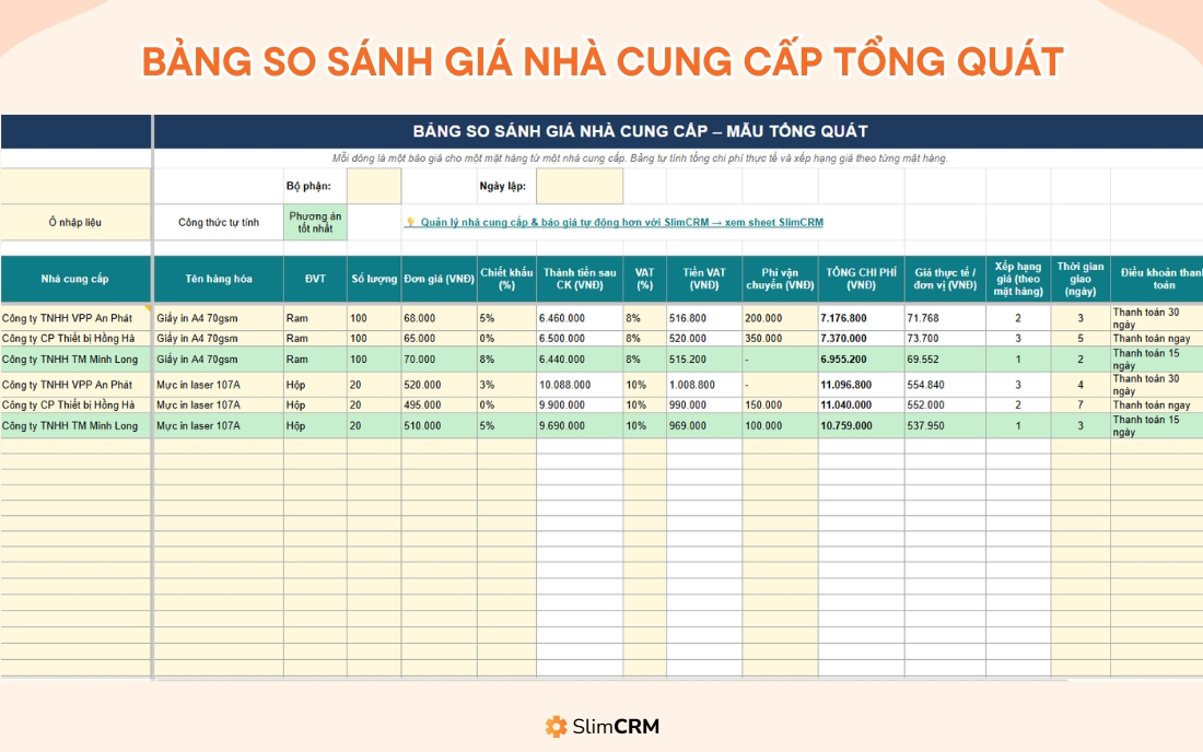 bảng so sánh giá giữa các nhà cung cấp excel