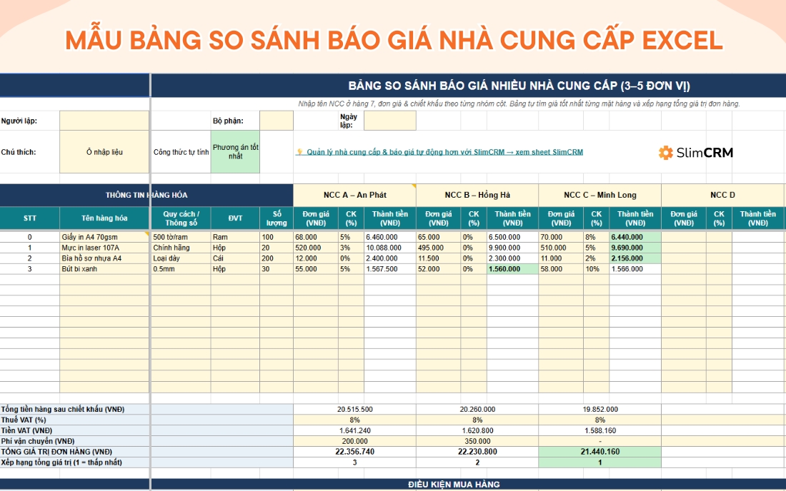 bảng so sánh giá giữa các nhà cung cấp excel