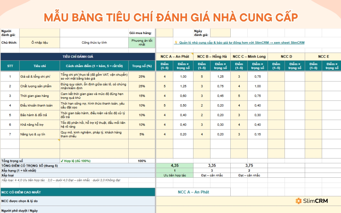 bảng so sánh giá giữa các nhà cung cấp excel