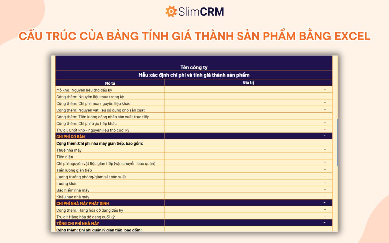 Bảng tính giá thành sản phẩm bằng Excel