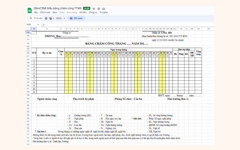Bảng chấm công 2024: Bảng chấm công theo thông tư 185