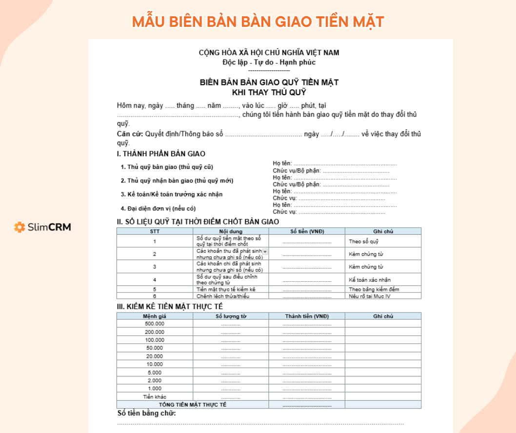 Mẫu biên bản bàn giao tiền mặt