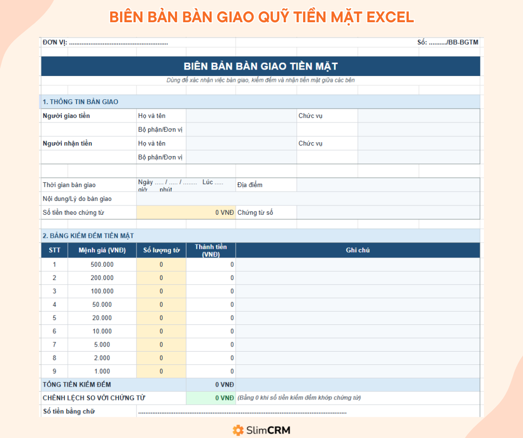 Biên bản bàn giao quỹ tiền mặt excel