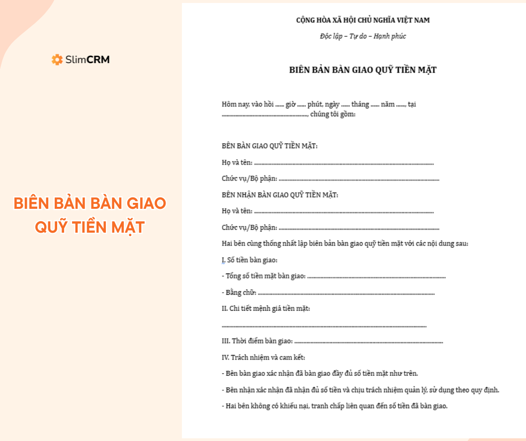 Biên bản bàn giao quỹ tiền mặt