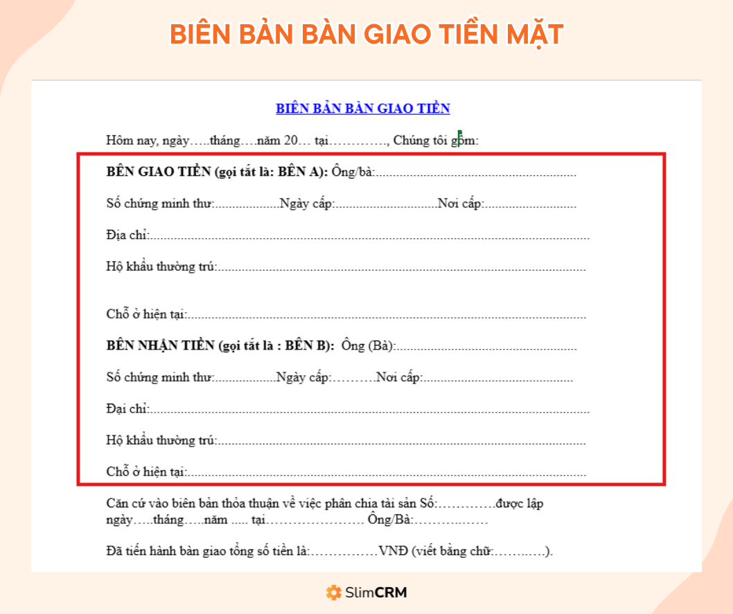Biên bản bàn giao tiền mặt