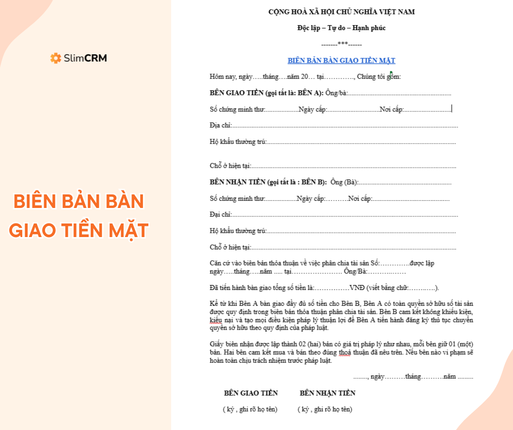 Biên bản bàn giao tiền mặt