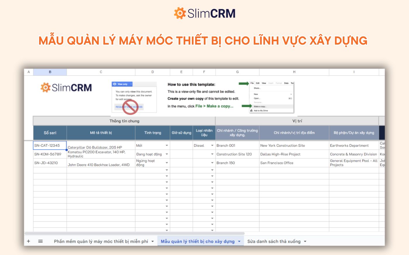 Biểu mẫu quản lý máy móc thiết bị bằng excel