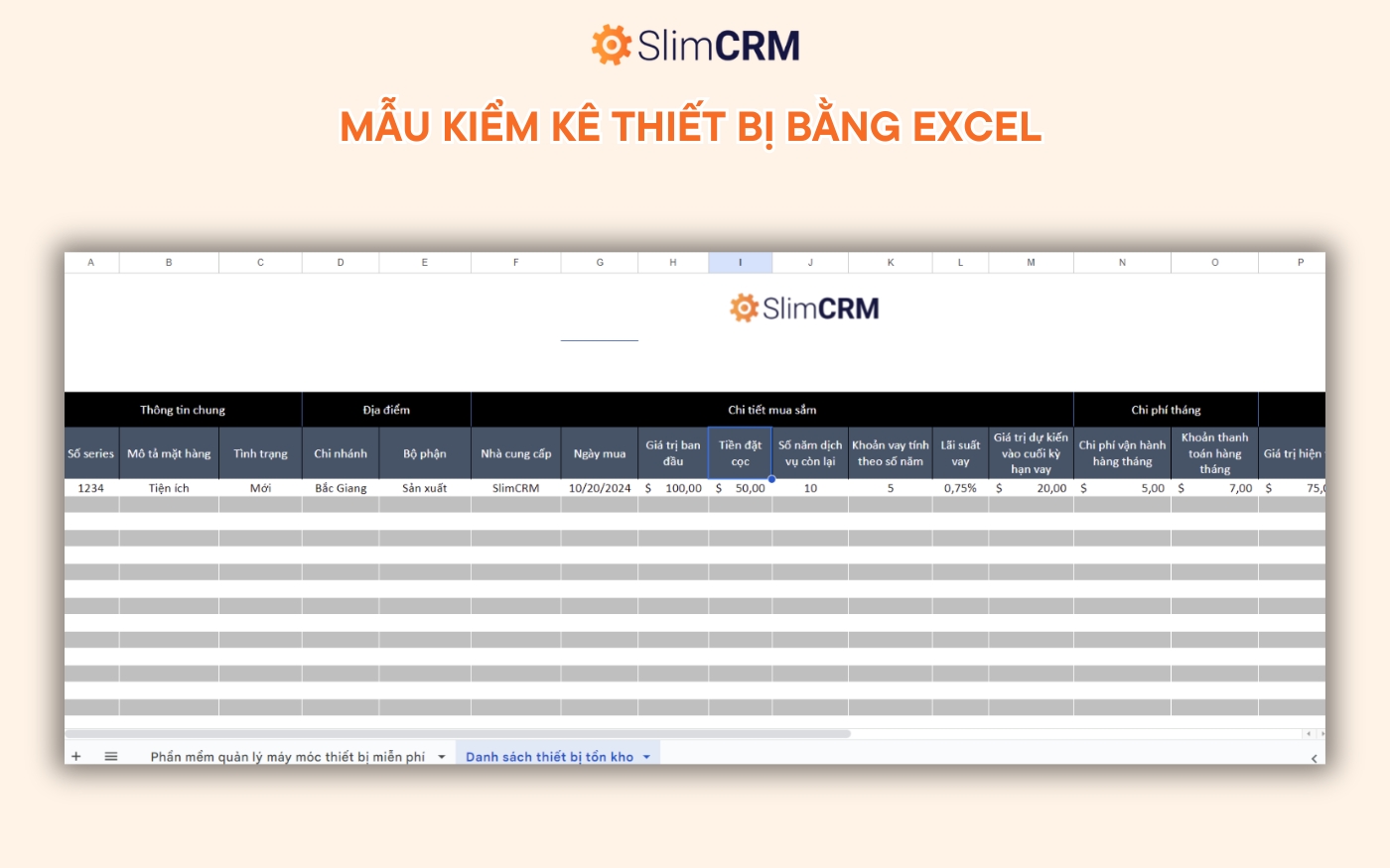 Biểu mẫu quản lý máy móc thiết bị bằng excel