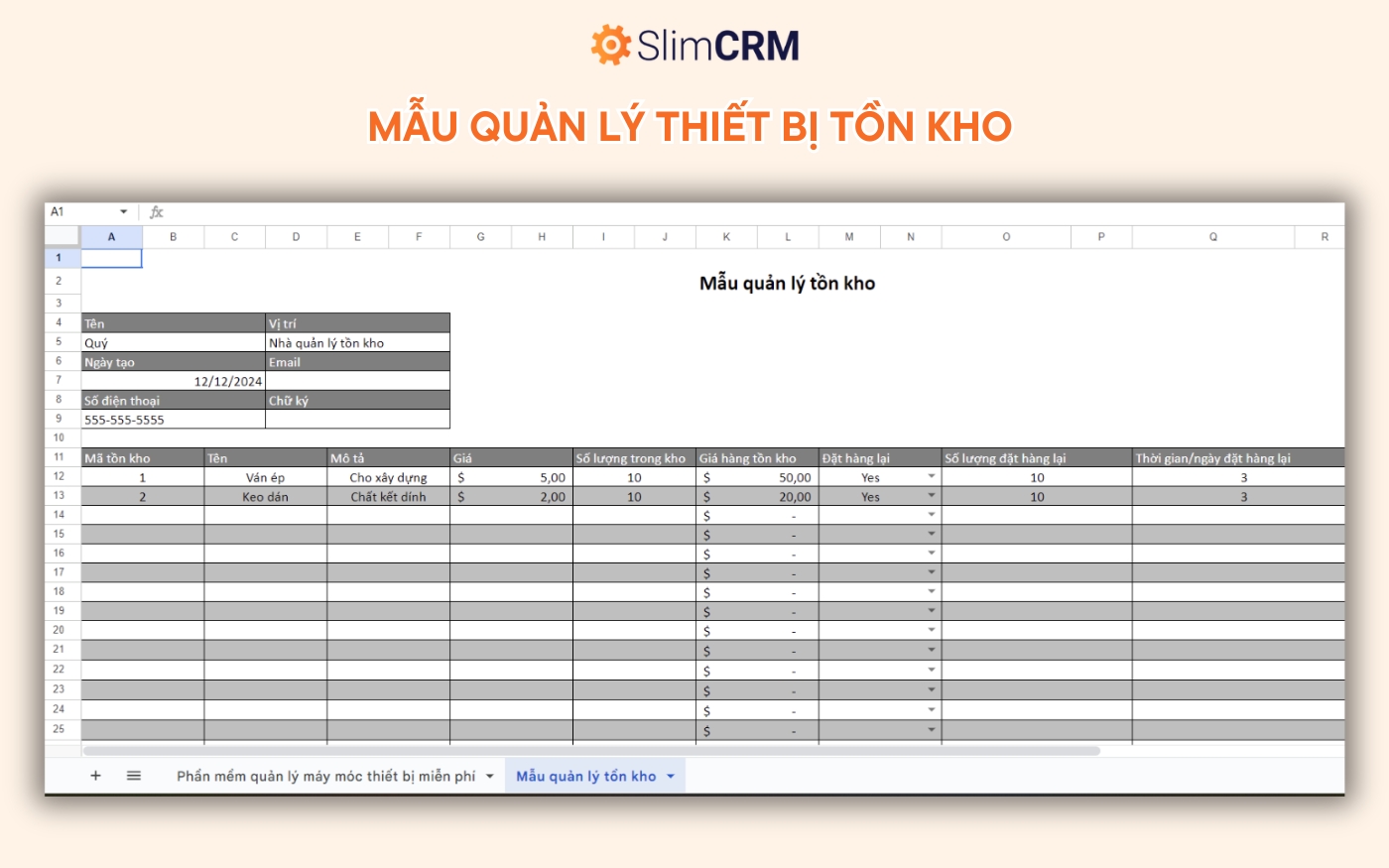 Biểu mẫu quản lý máy móc thiết bị bằng excel 2