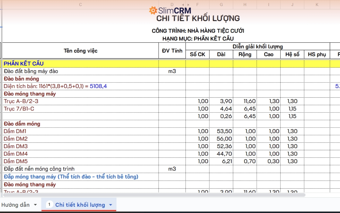 File Excel bóc tách khối lượng xây dựng nhà hàng 