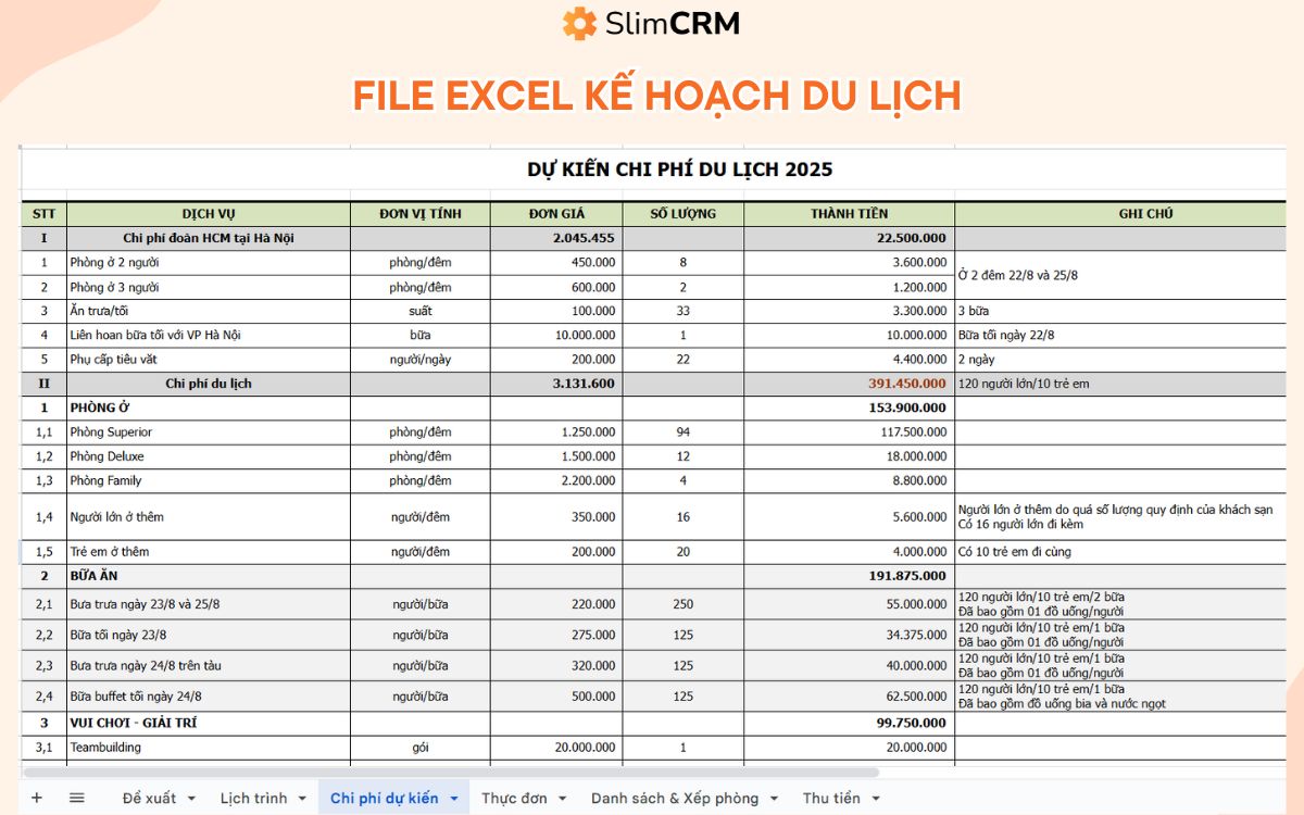 File excel kế hoạch du lịch