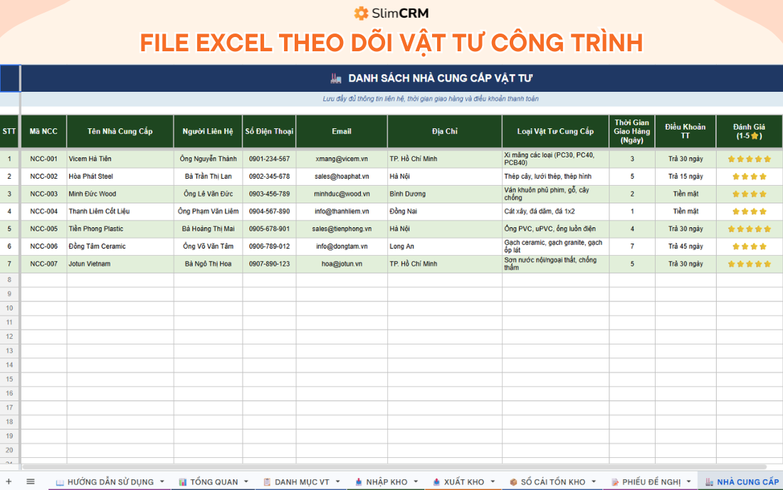 file excel theo dõi vật tư công trình