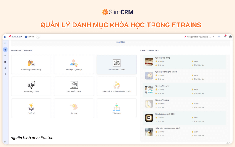 Quản lý danh mục khóa học khoa học trong module fTrains