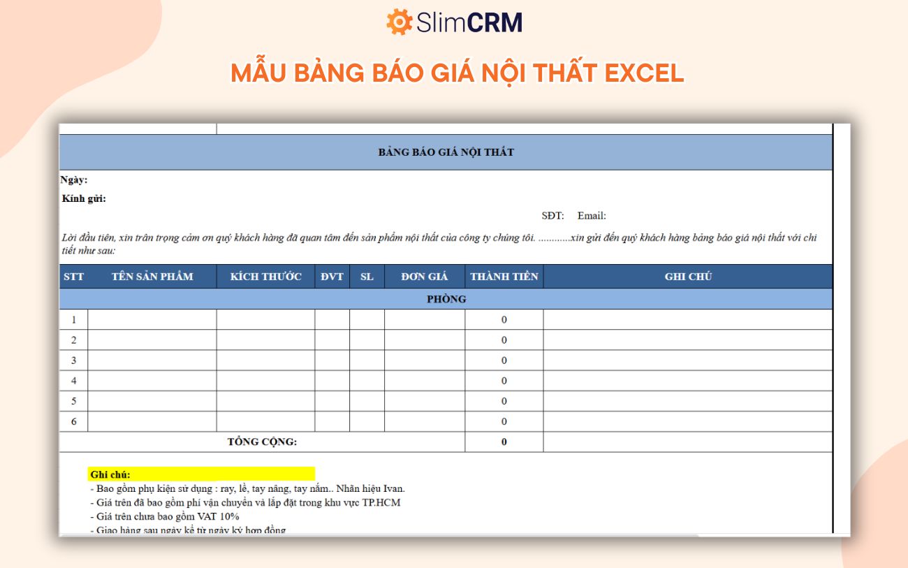 Mẫu bảng báo giá nội thất excel