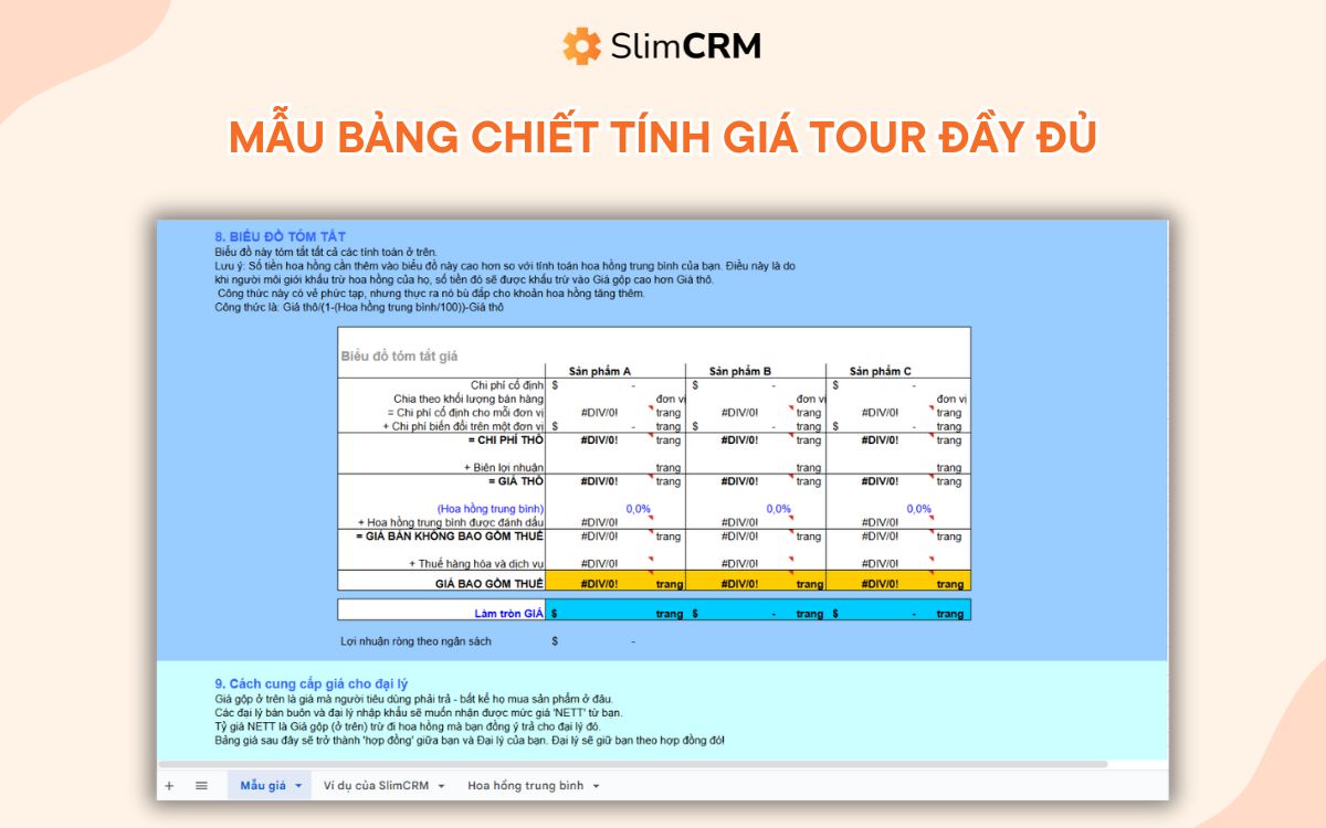 Bảng chiết tính giá tour excel
