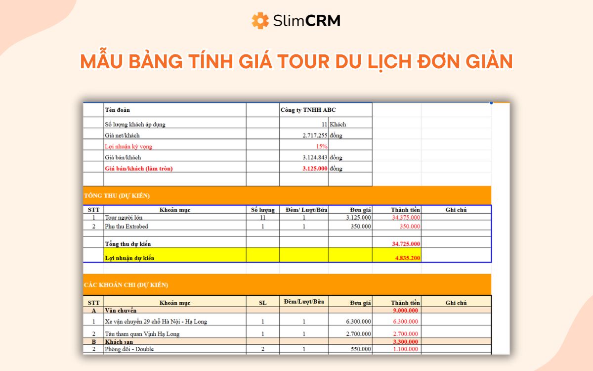 Bảng tính giá tour du lịch