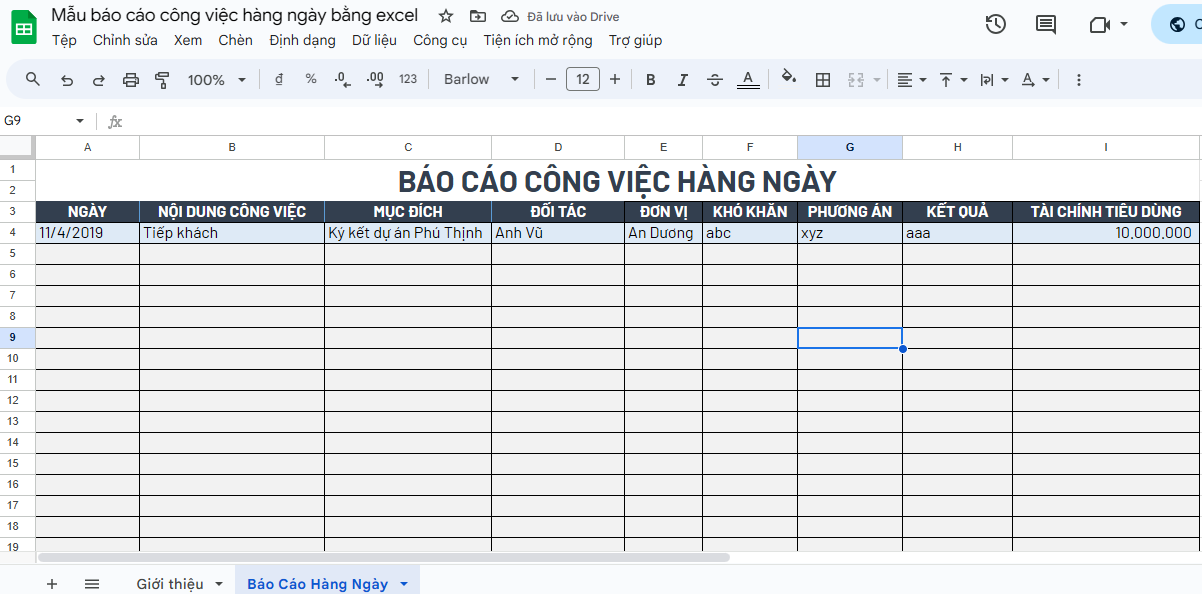 mẫu báo cáo công việc hàng ngày bằng excel