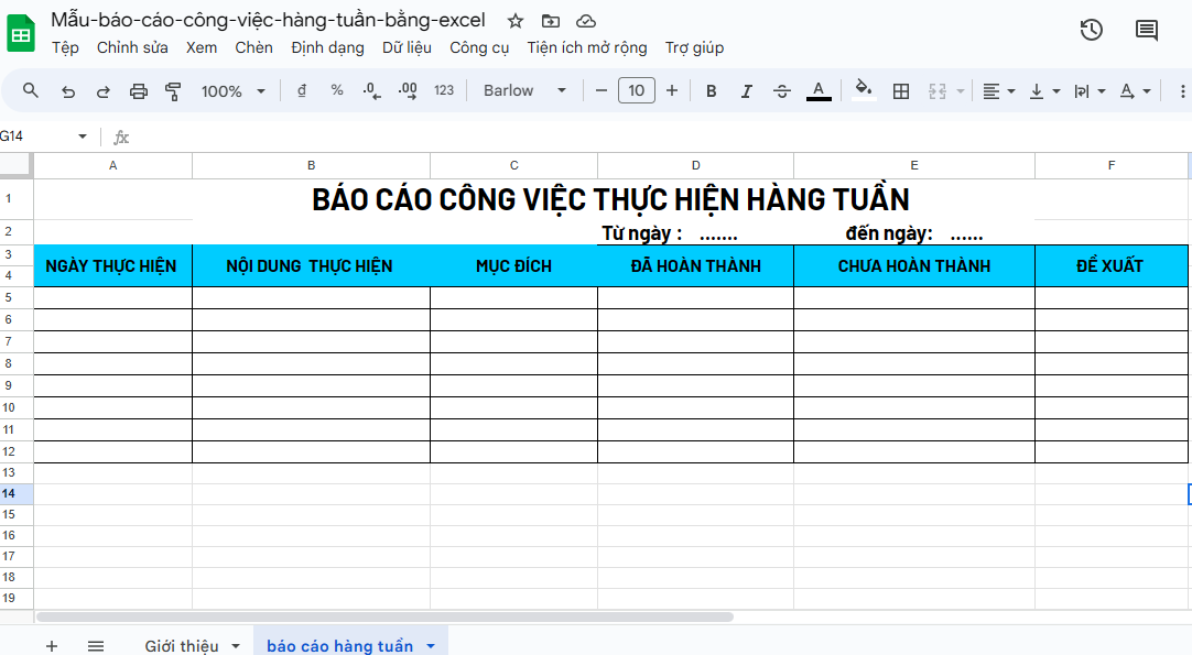 Mẫu báo cáo công việc tuần excel