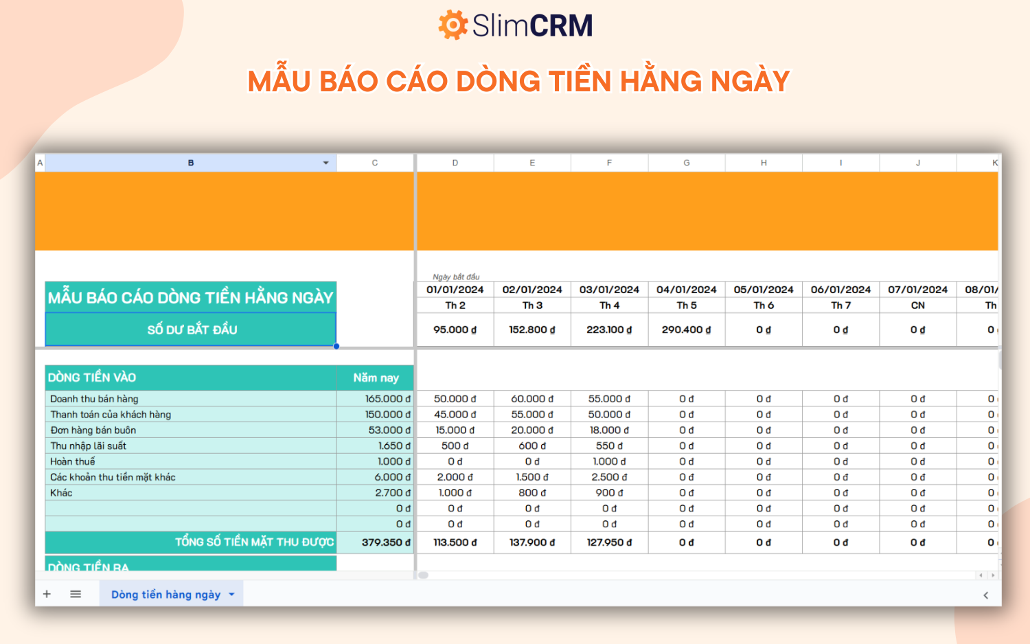 mẫu báo cáo dòng tiền hằng ngày file excel