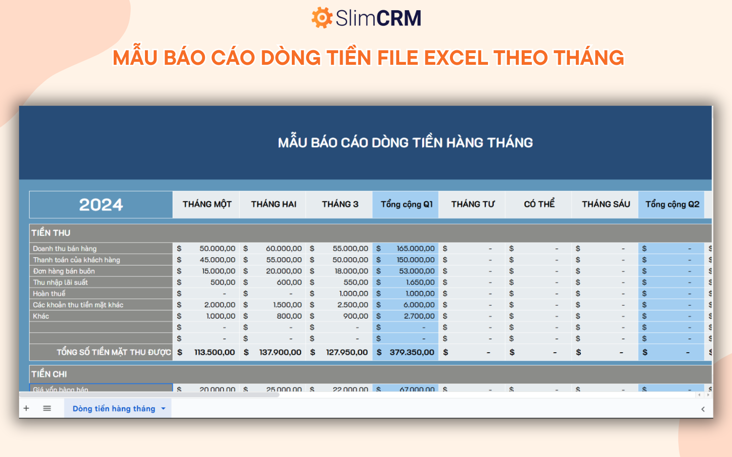 mẫu báo cáo dòng tiền file excel theo tháng