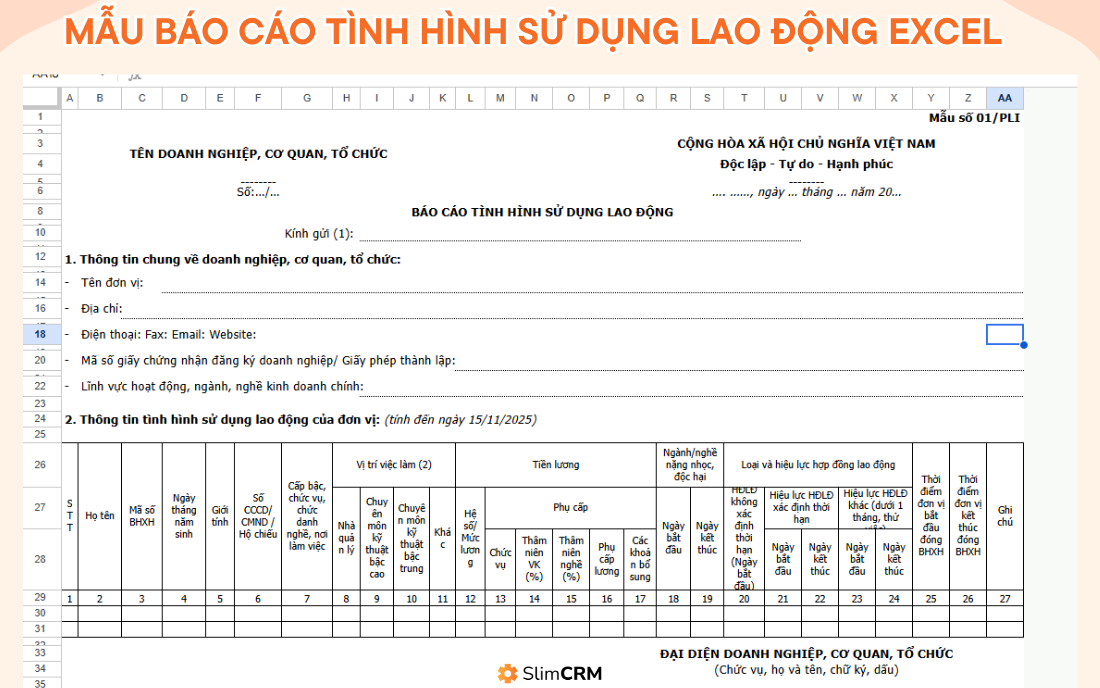 mẫu báo cáo tình hình sử dụng lao động excel