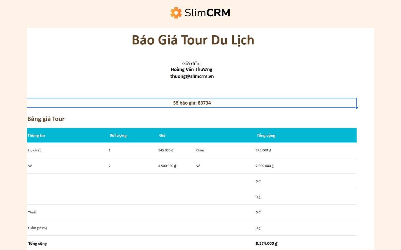 Mẫu báo giá tour du lịch file excel