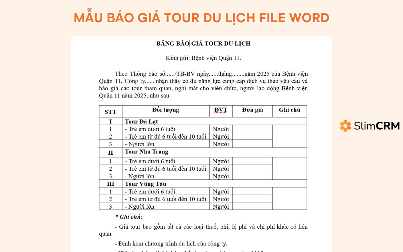 Mẫu báo giá tour du lịch file word