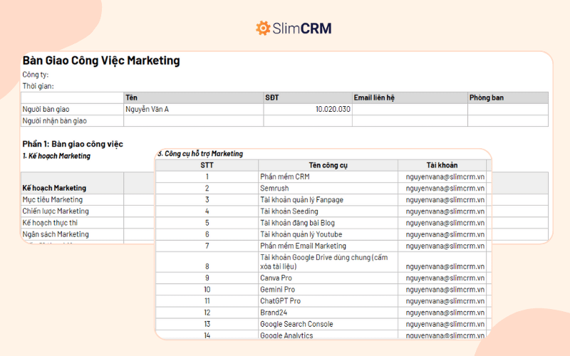 Mẫu bàn giao công việc Marketing Excel