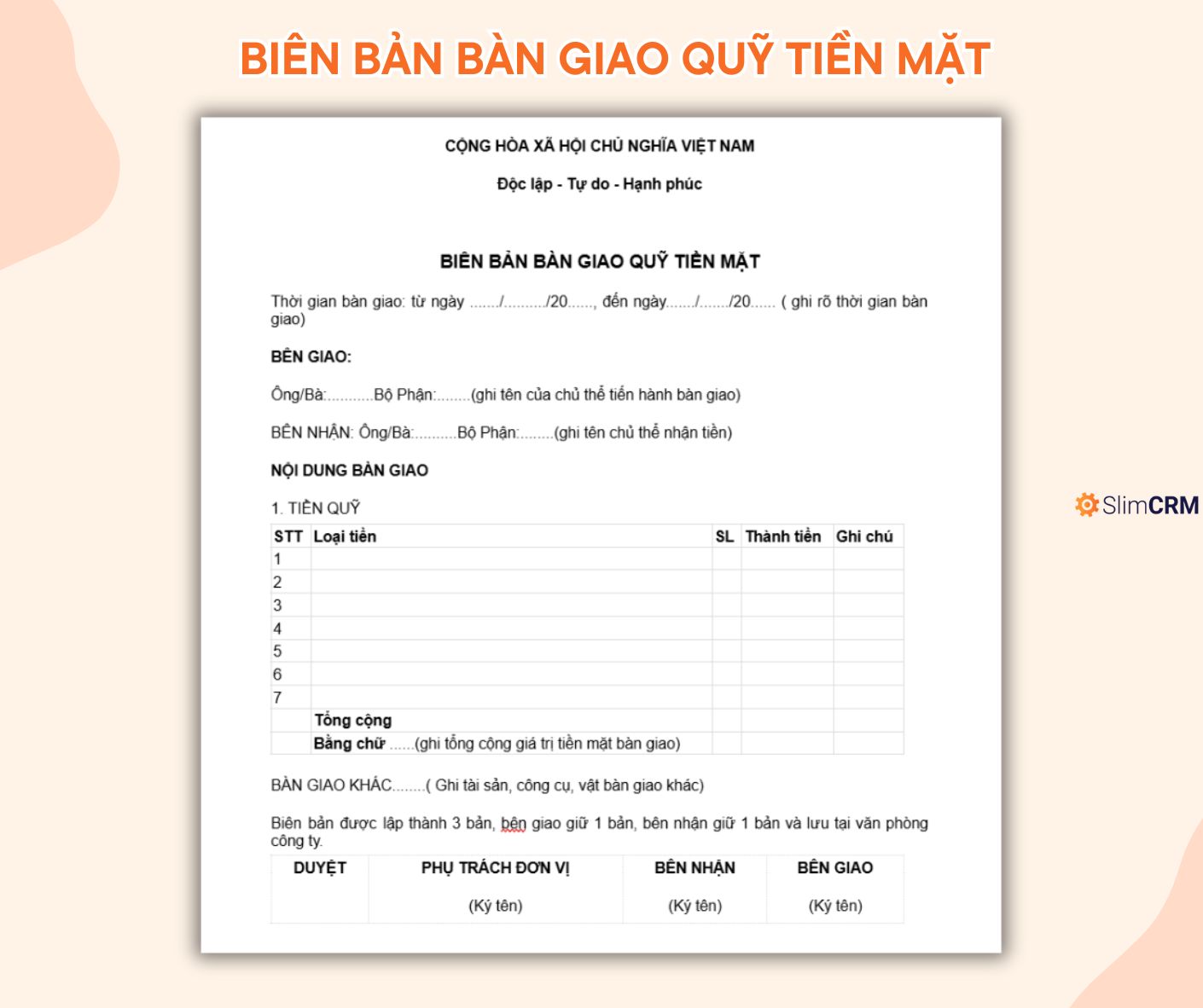Mẫu biên bản bàn giao tài sản tiền mặt