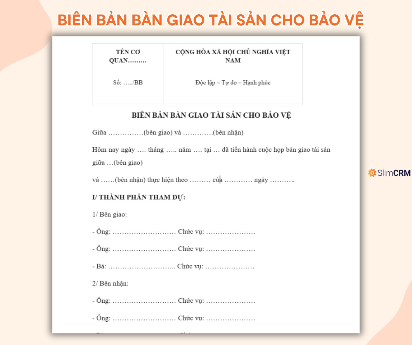 Mẫu biên bản bàn giao tài sản cho bảo vệ