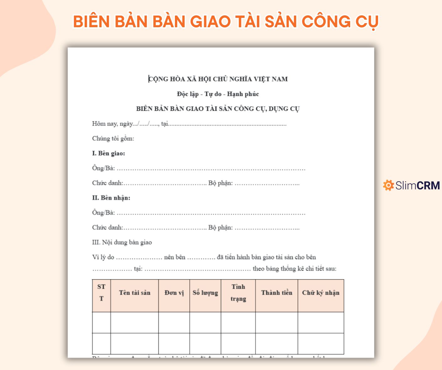 Mẫu biên bản bàn giao tài sản công cụ
