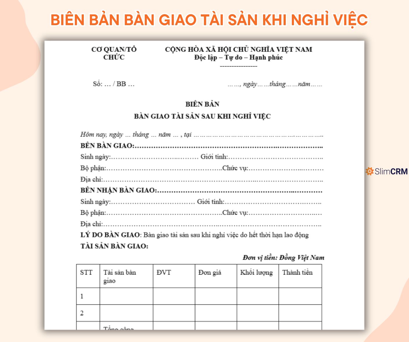 Mẫu biên bản bàn giao tài sản khi nghỉ việc