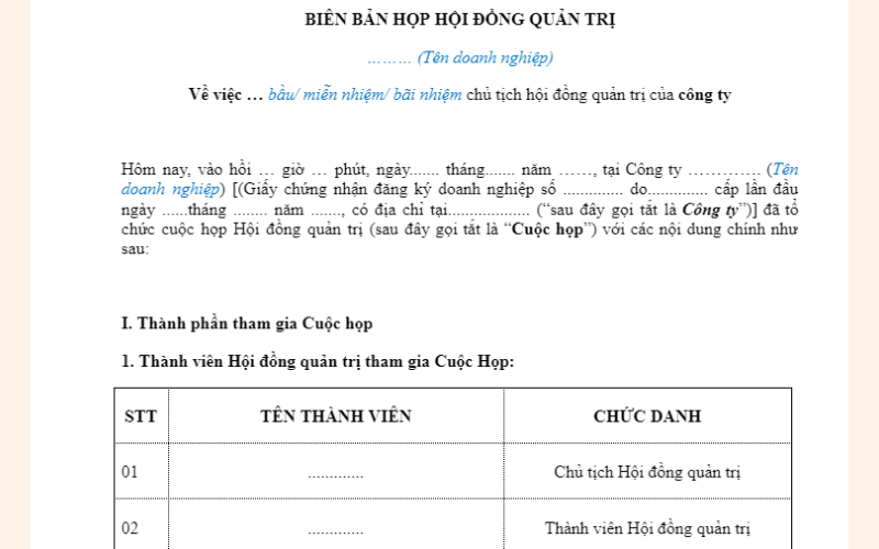 Mẫu biên bản họp hội đồng quản trị về việc bổ nhiệm/miễn nhiệm giám đốc/tổng giám đốc công ty