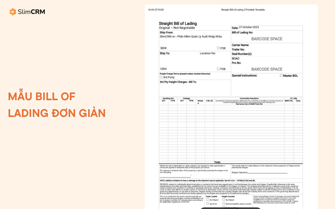 Bill of Lading Mẫu