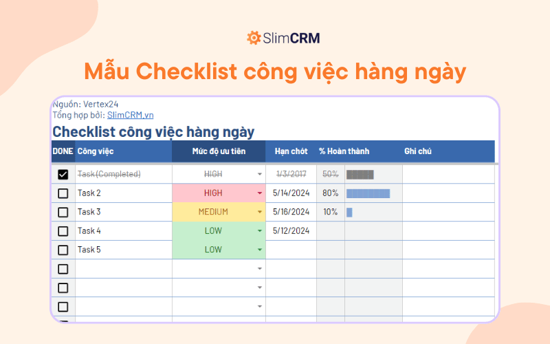 Form mẫu checklist công việc hàng ngày