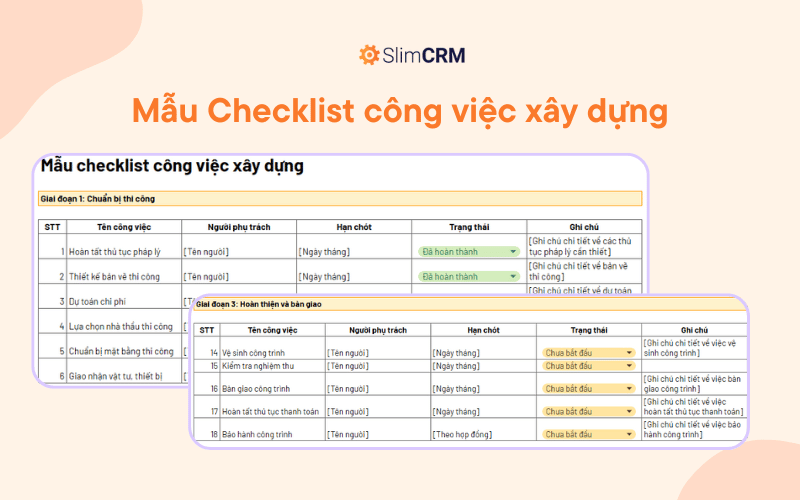 Mẫu checklist công việc xây dựng