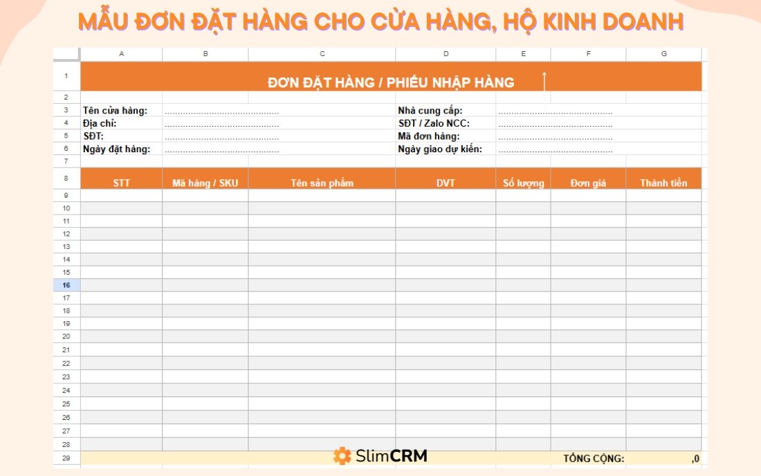 Mẫu đơn đặt hàng cho cửa hàng