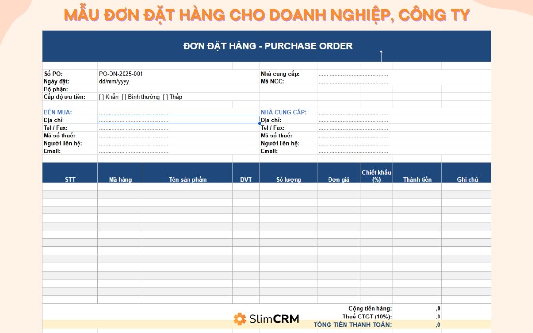 Mẫu đơn đặt hàng excel cho doanh nghiệp