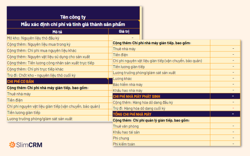 Mẫu bảng tính chi phí và giá thành sản phẩm