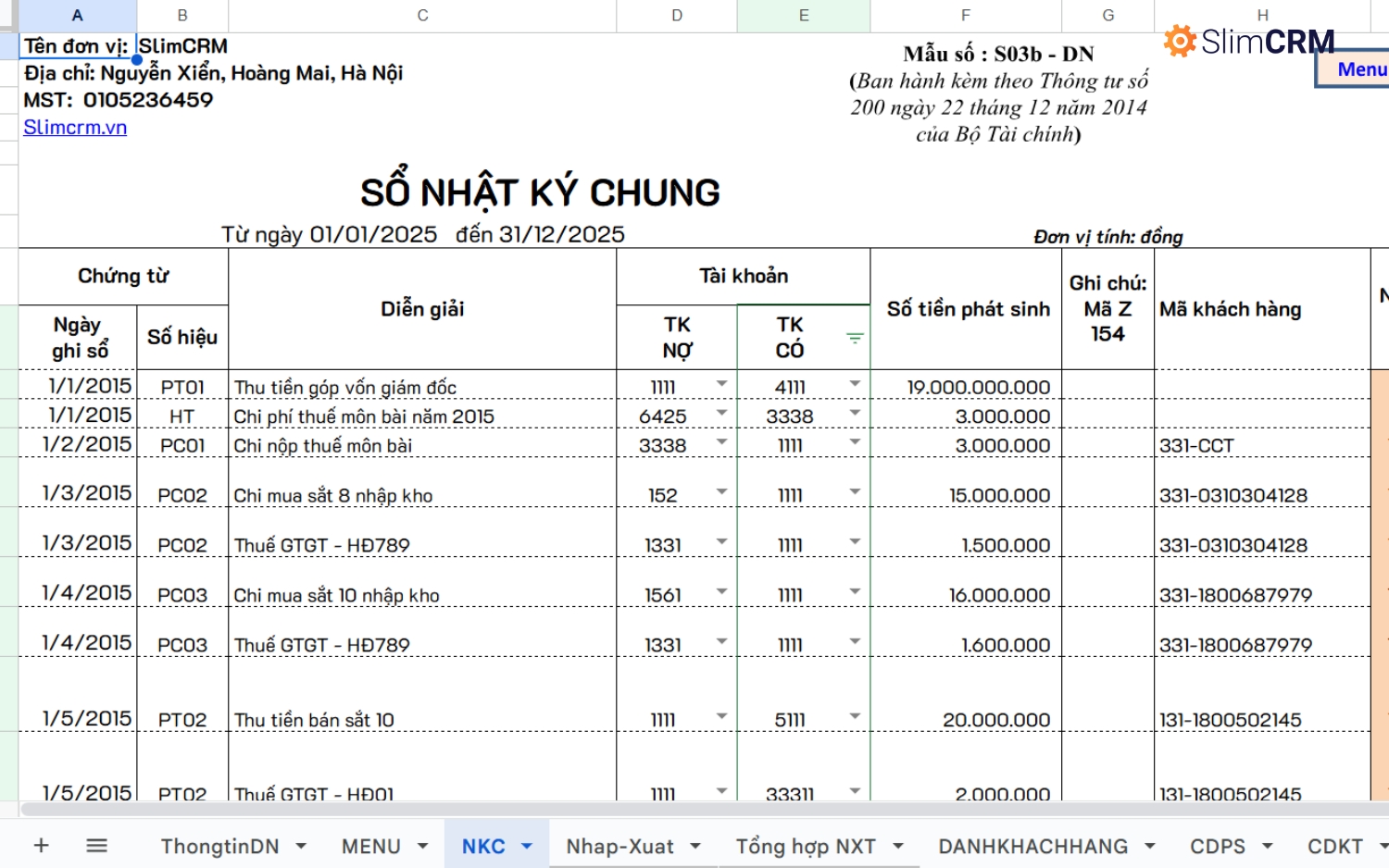 Mẫu Excel kế toán nội bộ theo thông tư 200