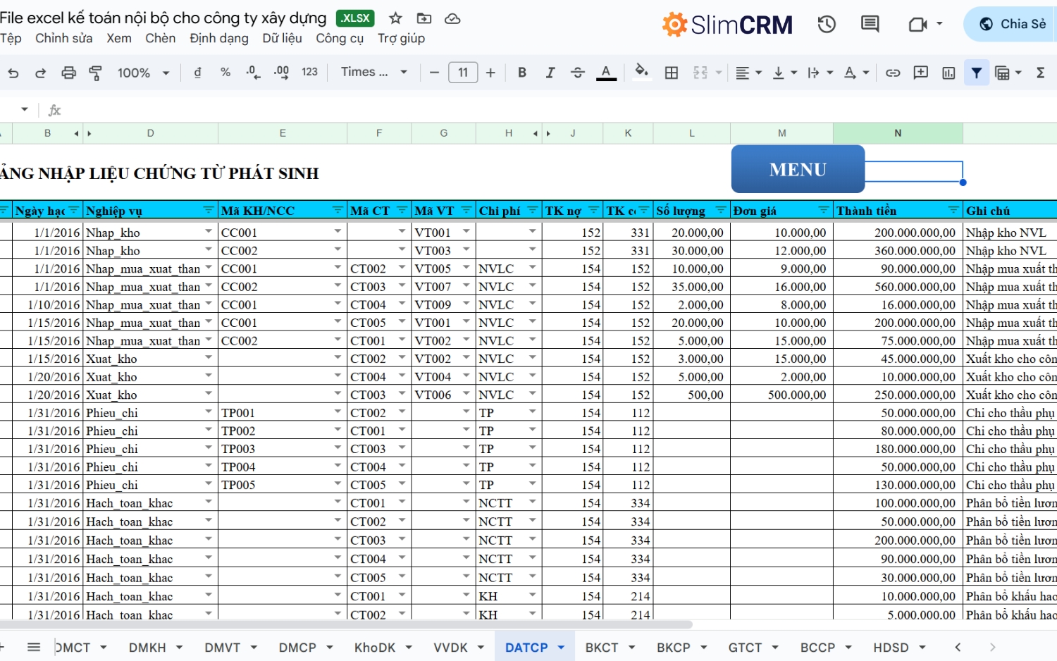 File excel kế toán nội bộ cho công ty xây dựng