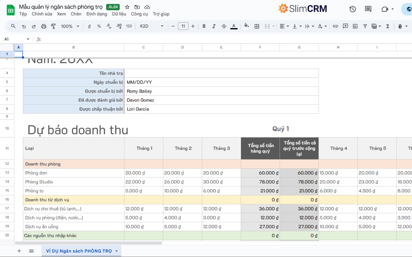 mẫu file Excel quản lý phòng trọ