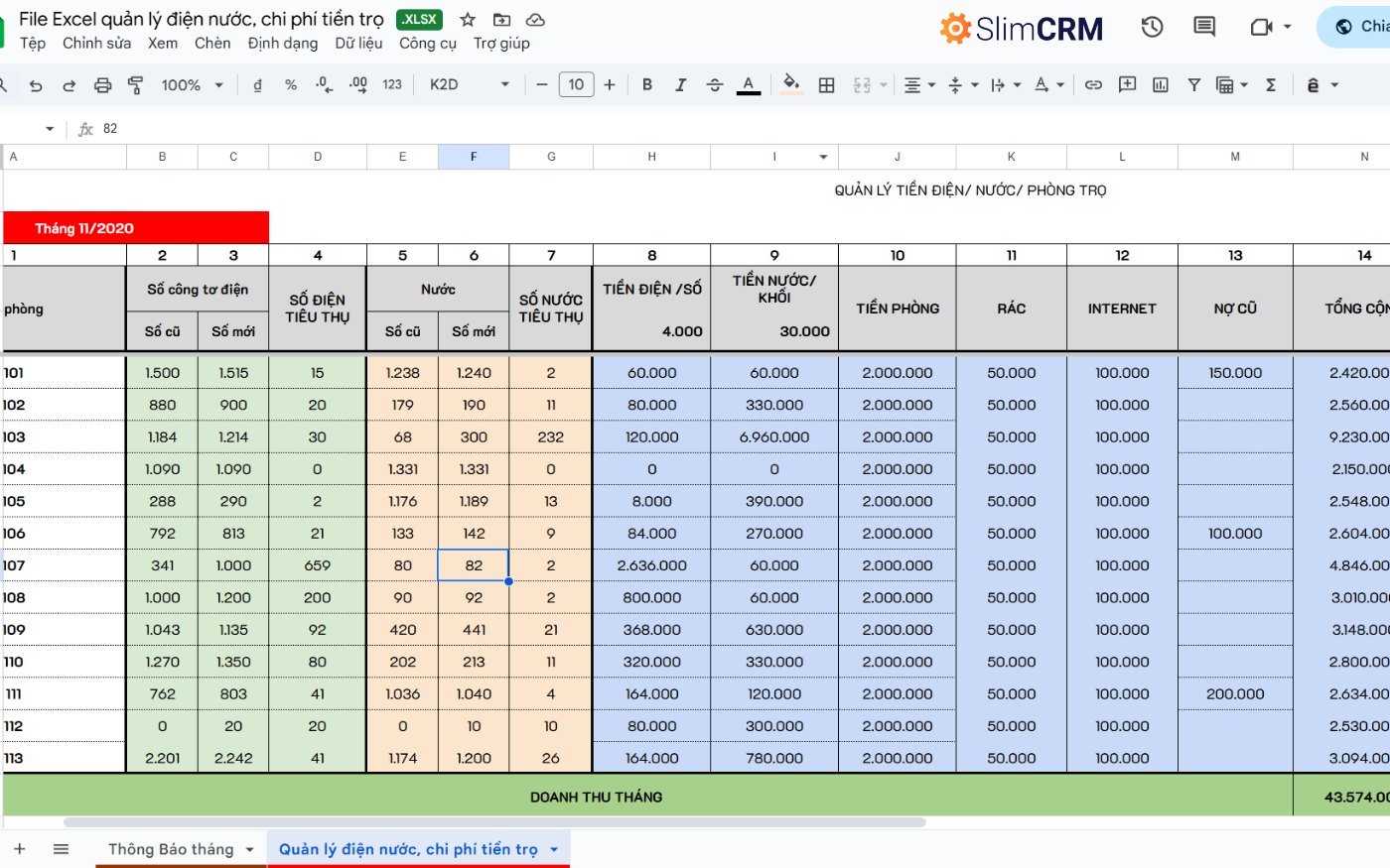 mẫu file Excel quản lý phòng trọ 5