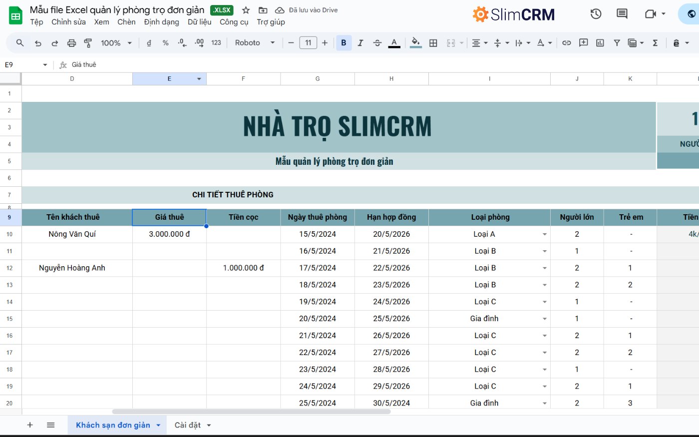 mẫu file Excel quản lý phòng trọ hiệu quả
